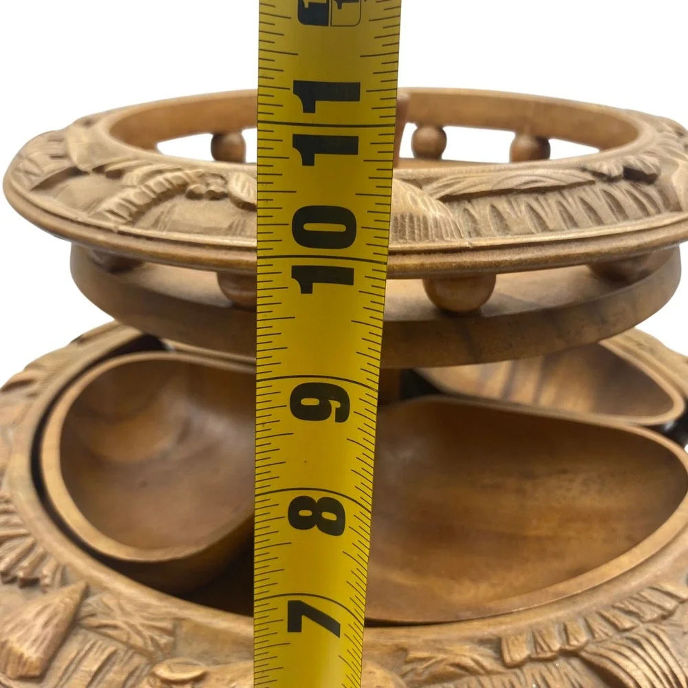 Vintage Hand Carved‎ Monkey Pod Wood 2 Tier Lazy Susan Philippines Tropical Tiki